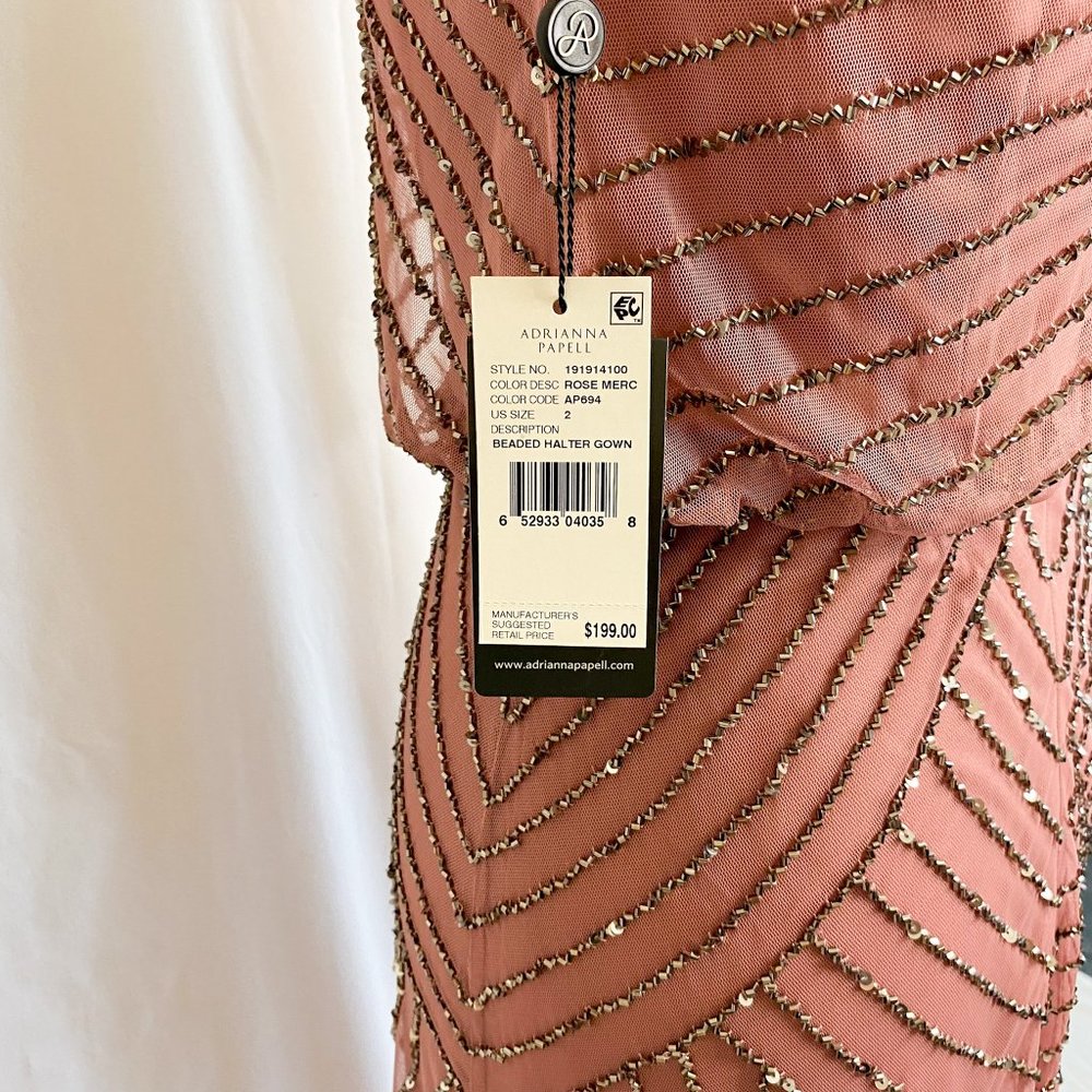 Adrianna Papell Art Deco Beaded Blouson Dress w/ Halter Neckline in Rose Mercury - Picture 10 of 14